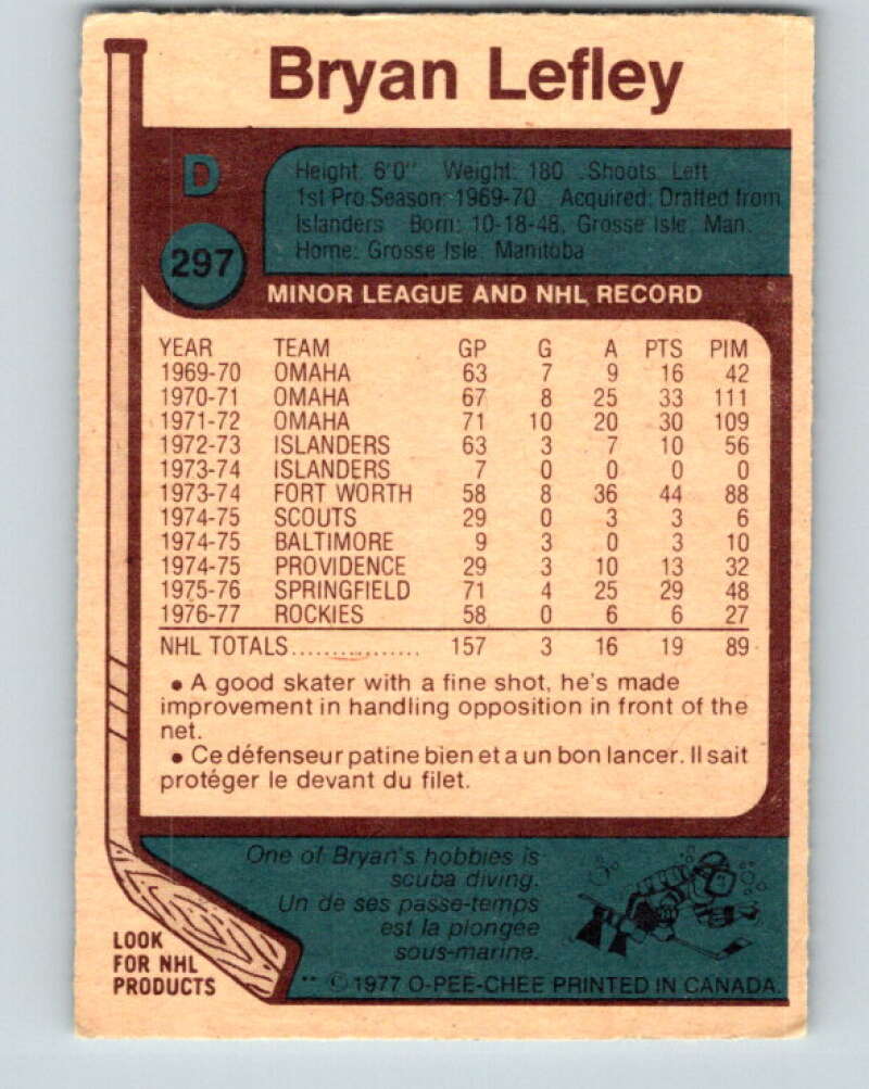 1977-78 O-Pee-Chee #297 Bryan Lefley Colorado Rockies V15053