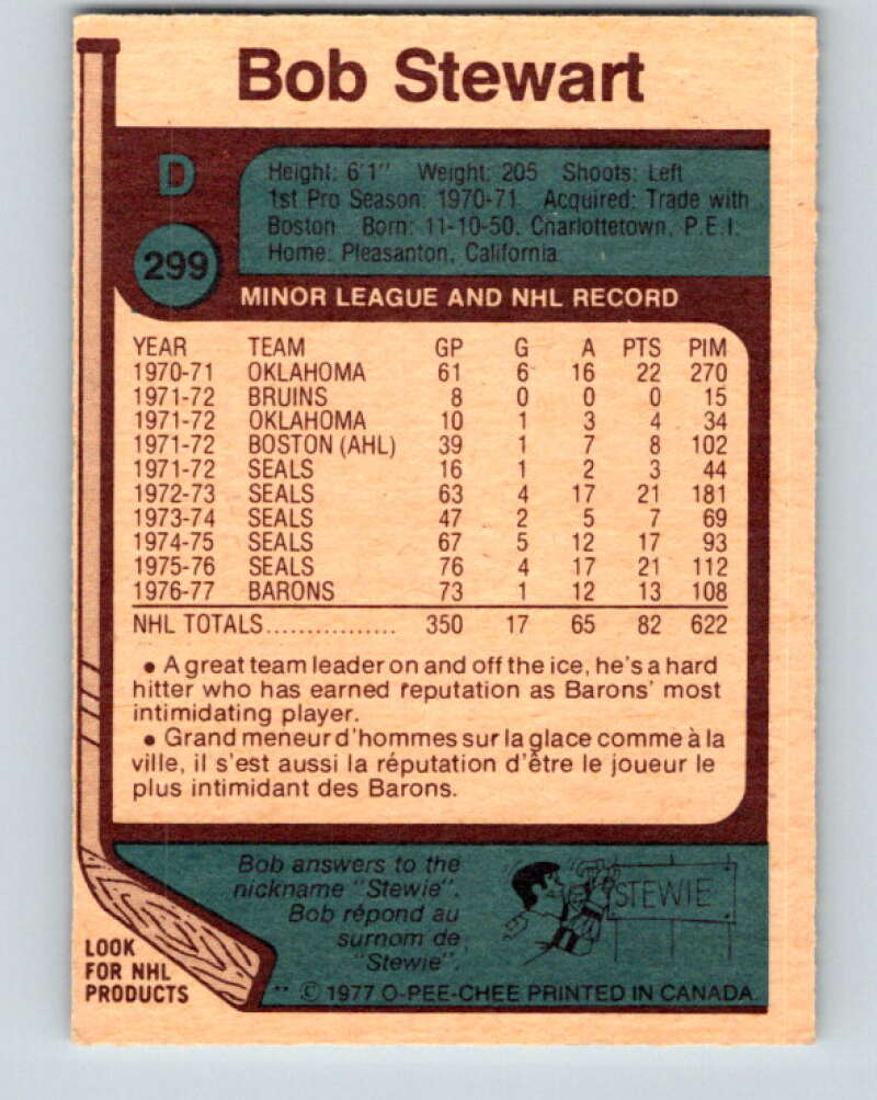 1977-78 O-Pee-Chee #299 Bob Stewart Cleveland Barons V15065