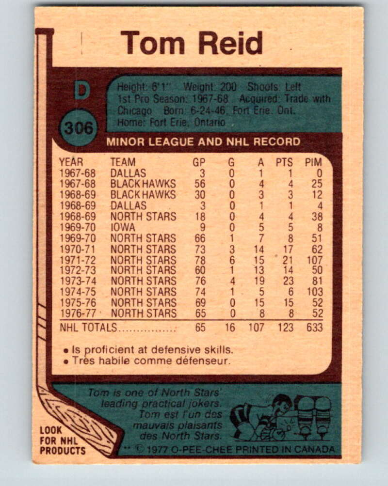 1977-78 O-Pee-Chee #306 Tom Reid Minnesota North Stars V15107