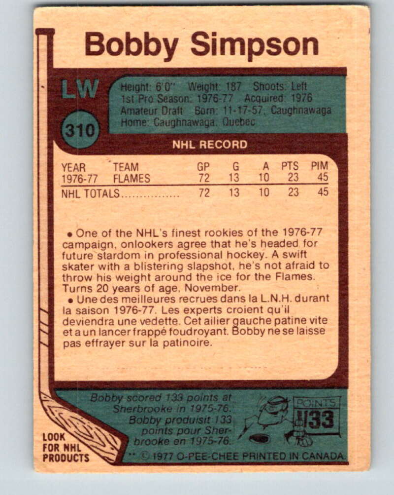 1977-78 O-Pee-Chee #310 Bobby Simpson RC Rookie Atlanta Flames V15154