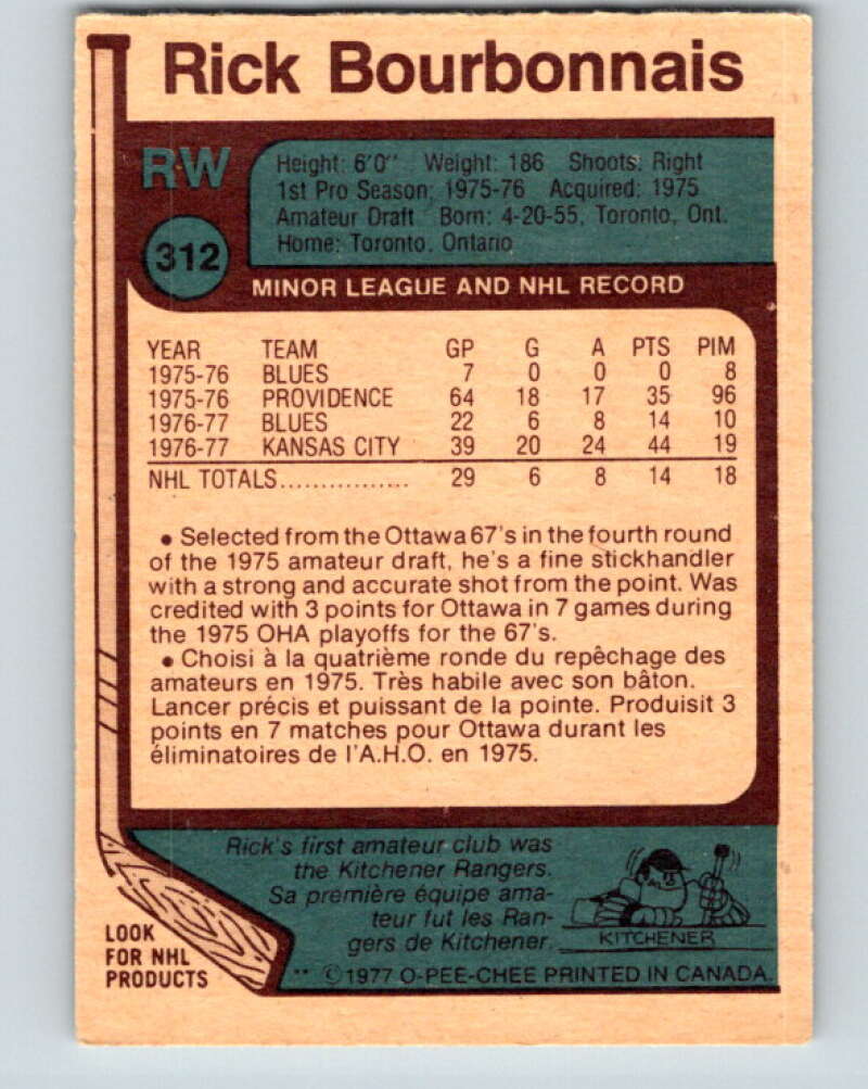 1977-78 O-Pee-Chee #312 Rick Bourbonnais UER RC Rookie Blues V15174