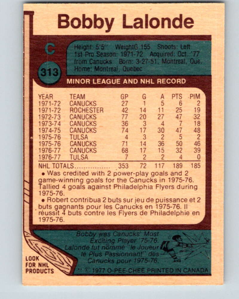 1977-78 O-Pee-Chee #313 Bobby Lalonde Atlanta Flames V15176