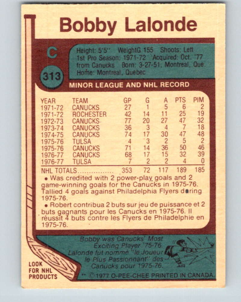 1977-78 O-Pee-Chee #313 Bobby Lalonde Atlanta Flames V15178