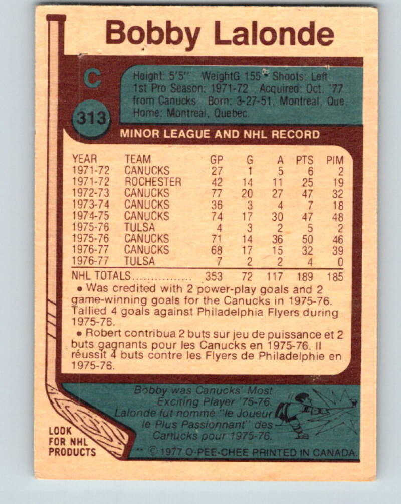 1977-78 O-Pee-Chee #313 Bobby Lalonde Atlanta Flames V15184