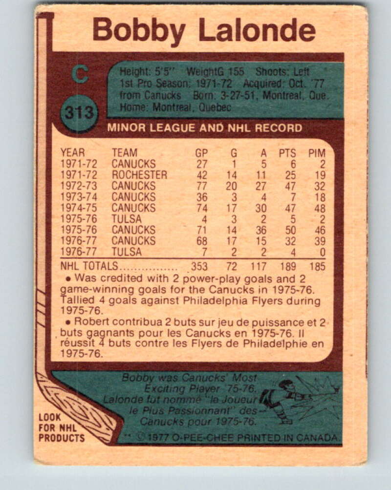 1977-78 O-Pee-Chee #313 Bobby Lalonde Atlanta Flames V15185