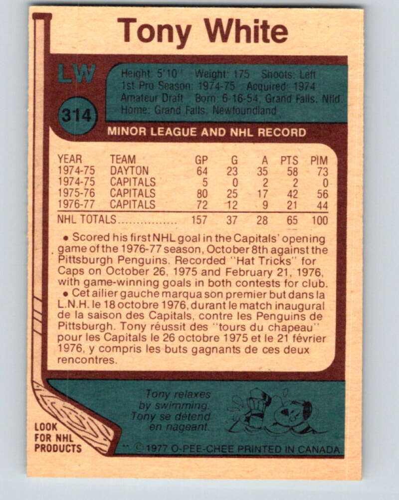 1977-78 O-Pee-Chee #314 Tony White Washington Capitals V15187