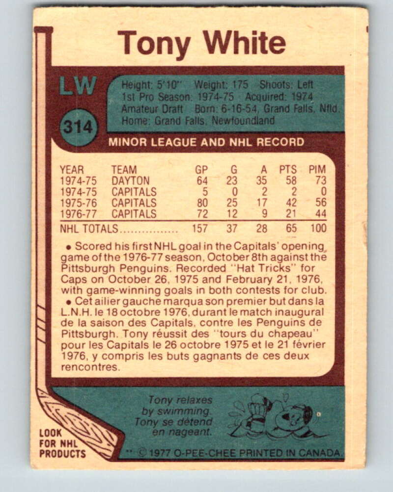 1977-78 O-Pee-Chee #314 Tony White Washington Capitals V15189