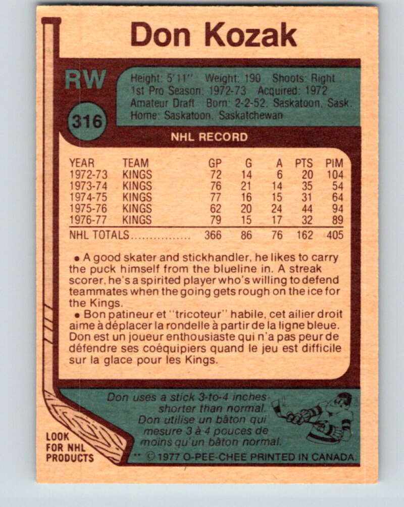 1977-78 O-Pee-Chee #316 Don Kozak Los Angeles Kings V15204