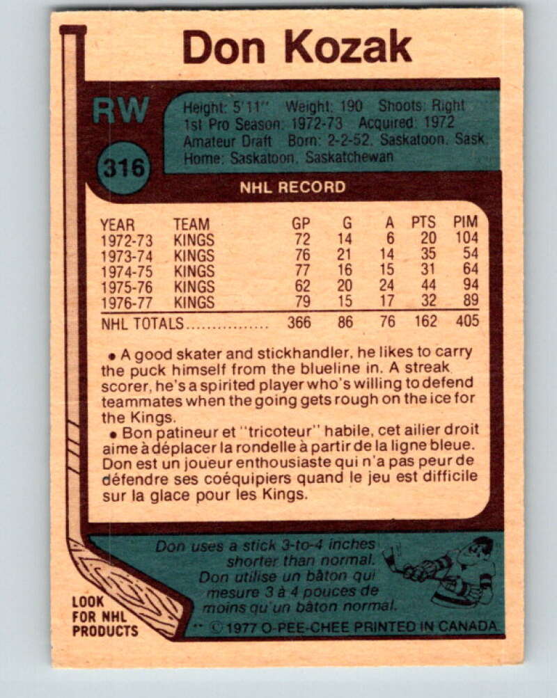 1977-78 O-Pee-Chee #316 Don Kozak Los Angeles Kings V15207