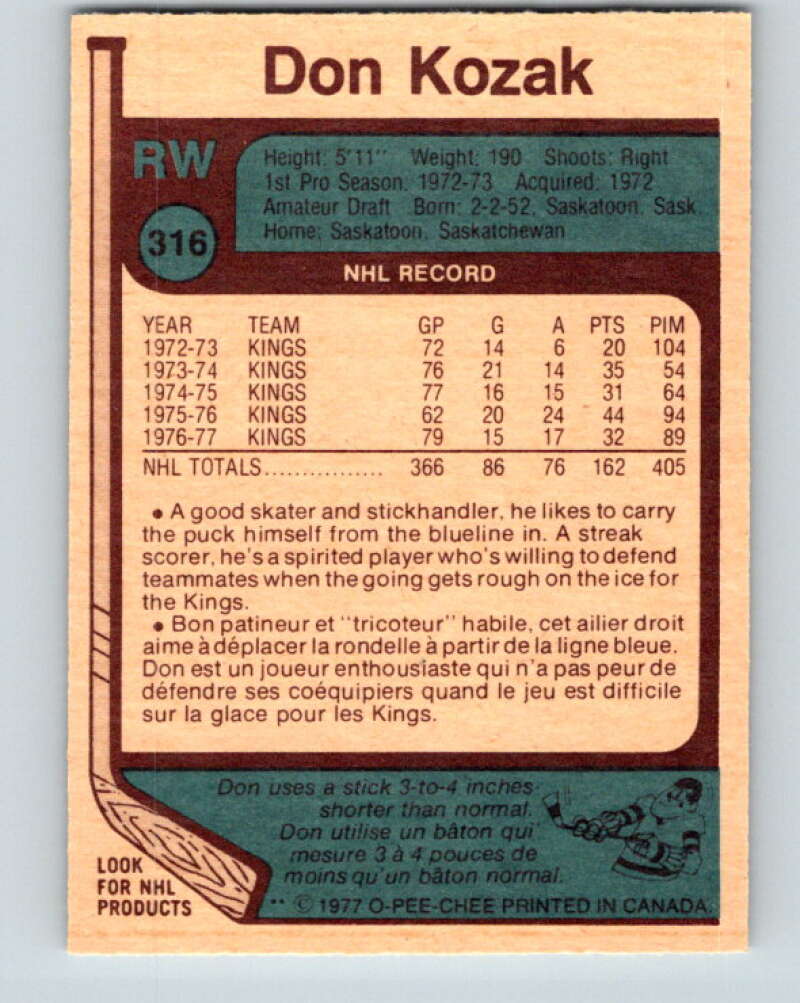 1977-78 O-Pee-Chee #316 Don Kozak Los Angeles Kings V15208