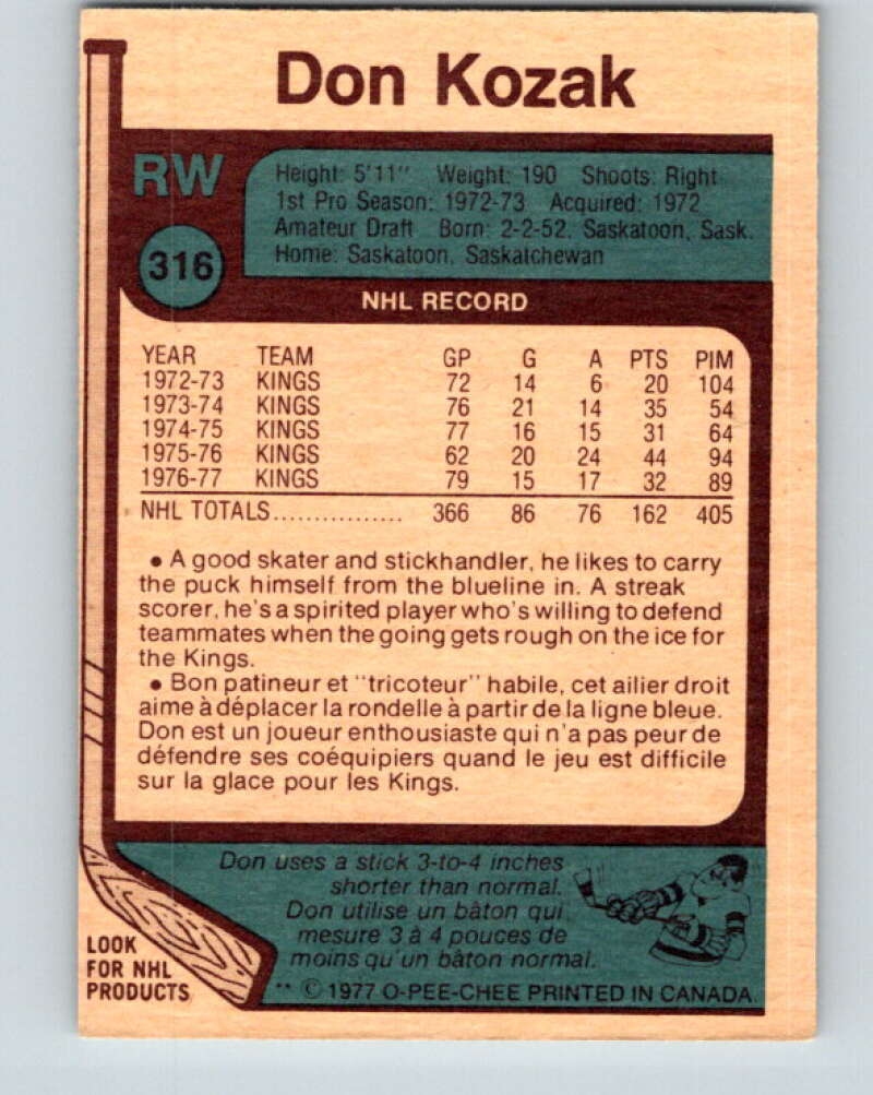 1977-78 O-Pee-Chee #316 Don Kozak Los Angeles Kings V15209