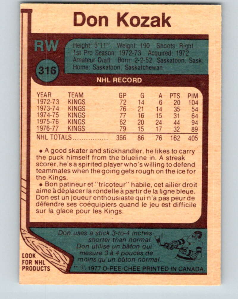 1977-78 O-Pee-Chee #316 Don Kozak Los Angeles Kings V15210