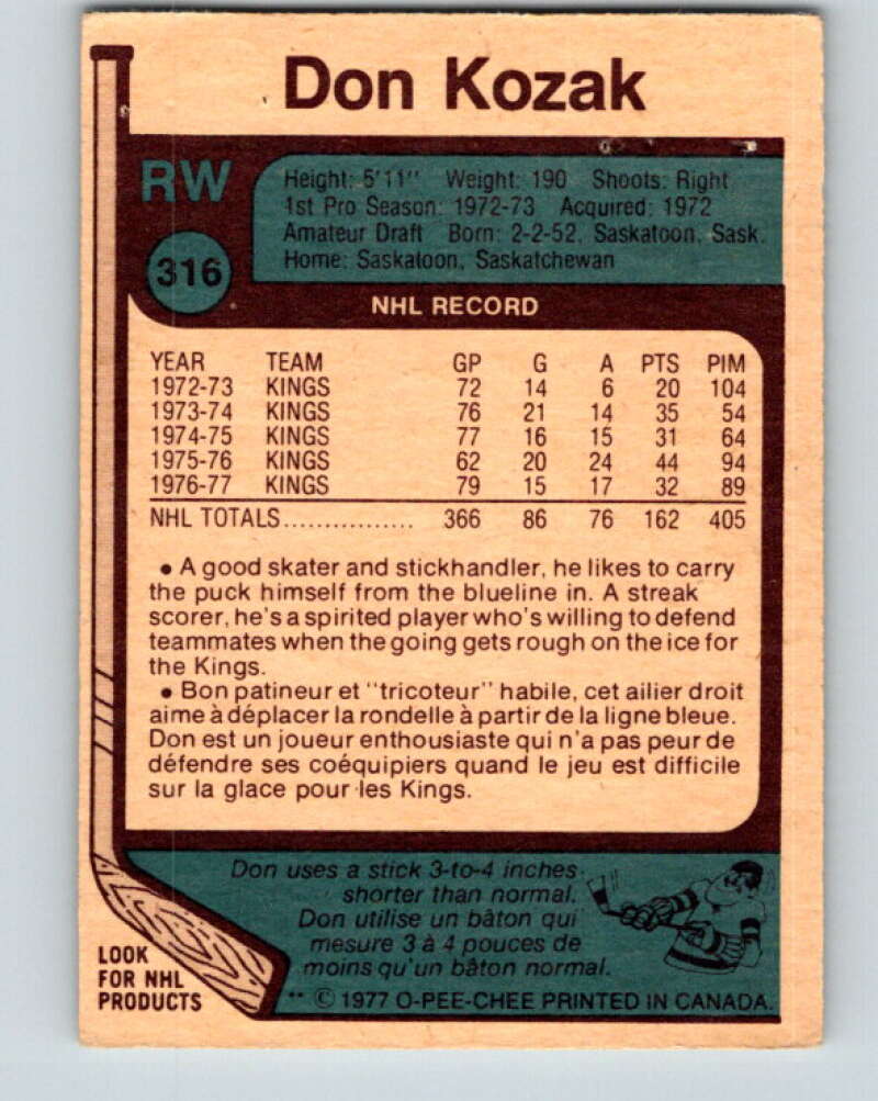 1977-78 O-Pee-Chee #316 Don Kozak Los Angeles Kings V15211
