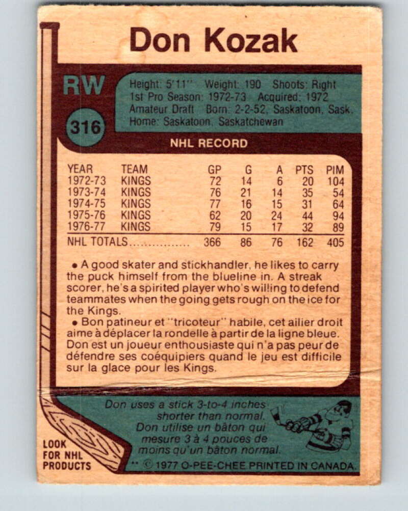 1977-78 O-Pee-Chee #316 Don Kozak Los Angeles Kings V15212