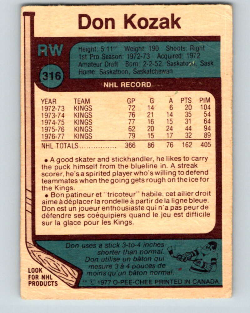 1977-78 O-Pee-Chee #316 Don Kozak Los Angeles Kings V15213
