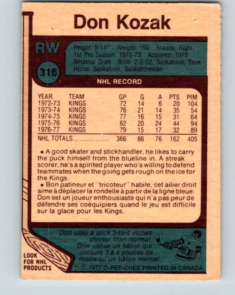 1977-78 O-Pee-Chee #316 Don Kozak Los Angeles Kings V15214