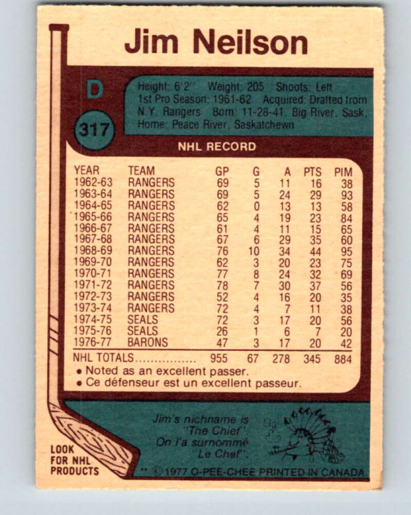 1977-78 O-Pee-Chee #317 Jim Neilson Cleveland Barons V15219