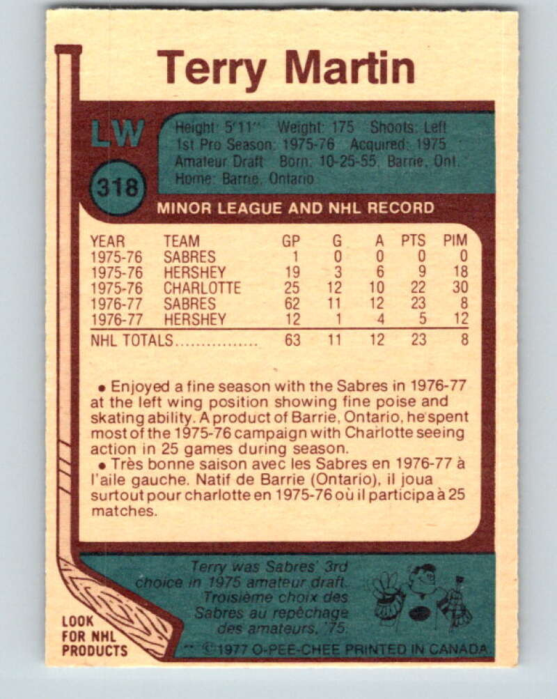 1977-78 O-Pee-Chee #318 Terry Martin RC Rookie Buffalo Sabres V15223