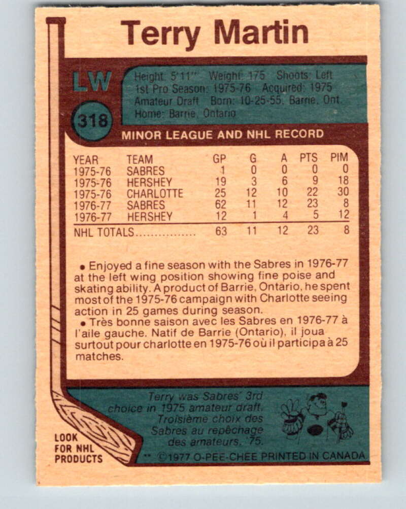 1977-78 O-Pee-Chee #318 Terry Martin RC Rookie Buffalo Sabres V15225