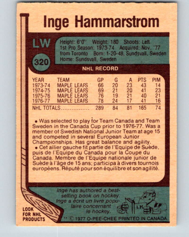 1977-78 O-Pee-Chee #320 Inge Hammarstrom St. Louis Blues V15240