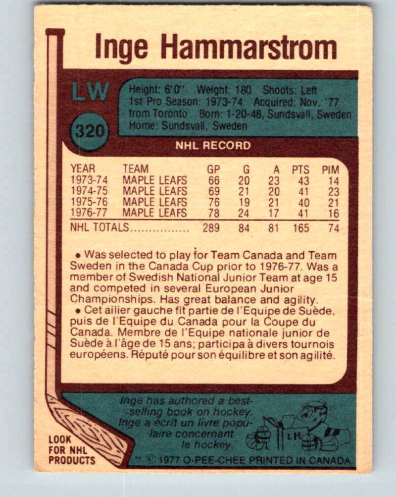 1977-78 O-Pee-Chee #320 Inge Hammarstrom St. Louis Blues V15242