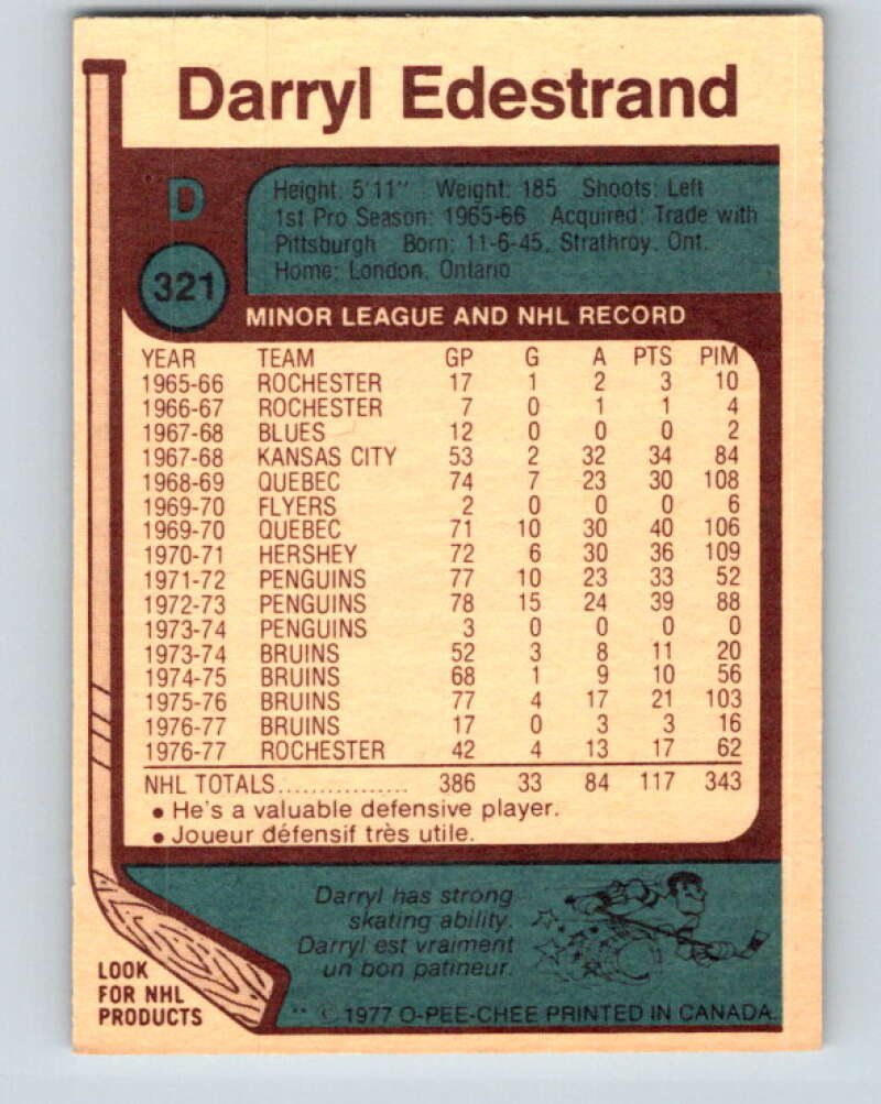1977-78 O-Pee-Chee #321 Darryl Edestrand Boston Bruins V15245