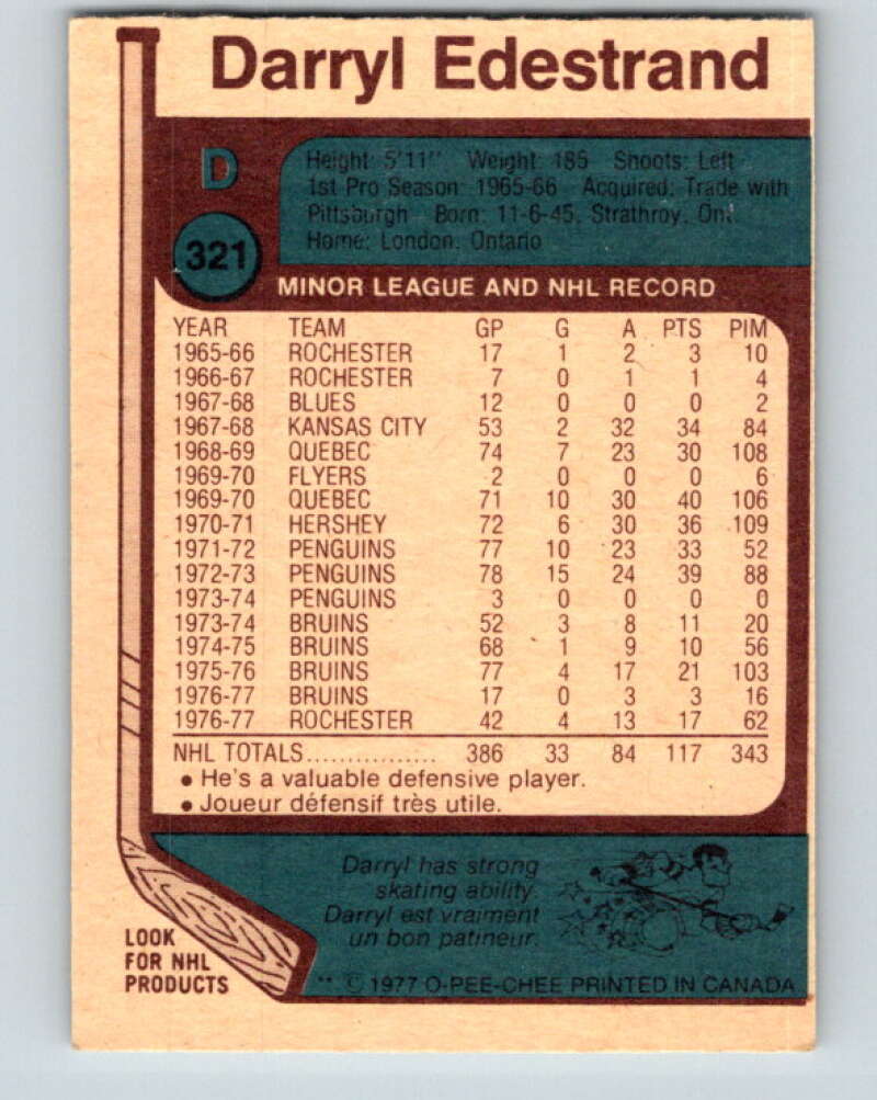 1977-78 O-Pee-Chee #321 Darryl Edestrand Boston Bruins V15246