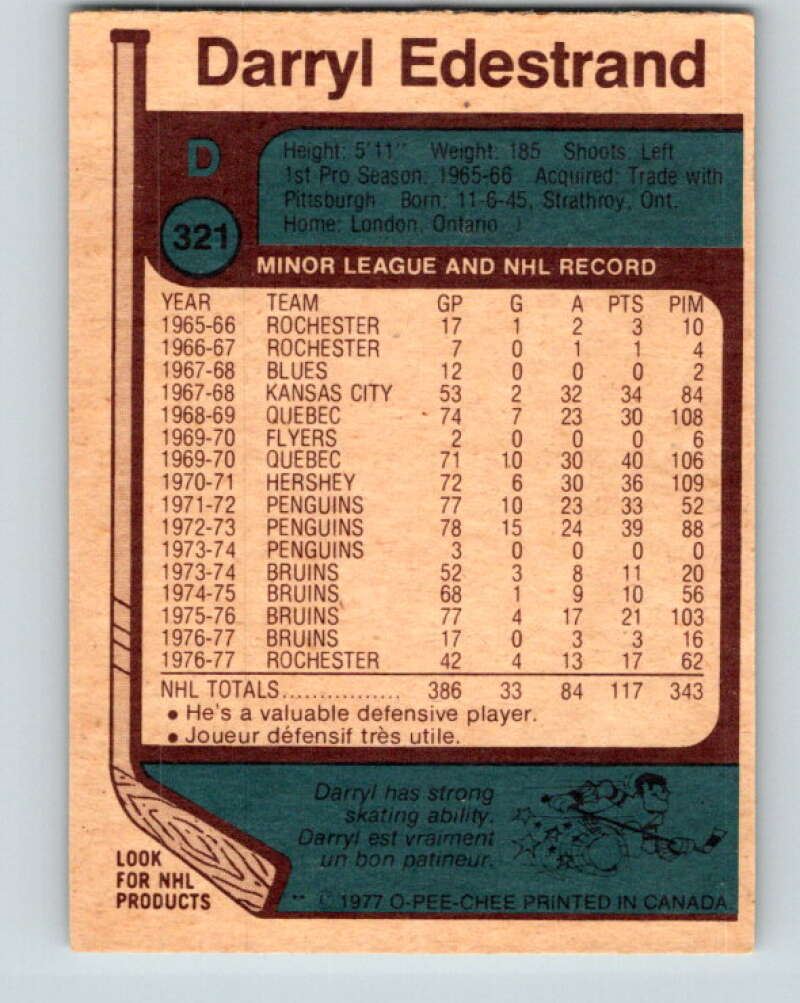 1977-78 O-Pee-Chee #321 Darryl Edestrand Boston Bruins V15247