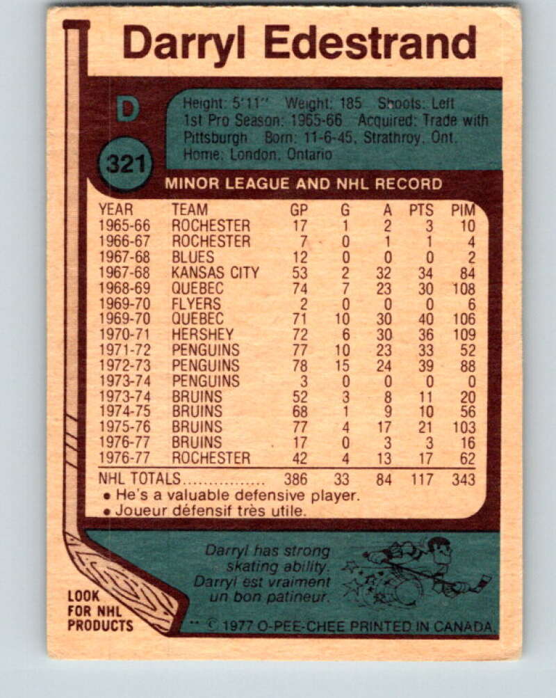 1977-78 O-Pee-Chee #321 Darryl Edestrand Boston Bruins V15249