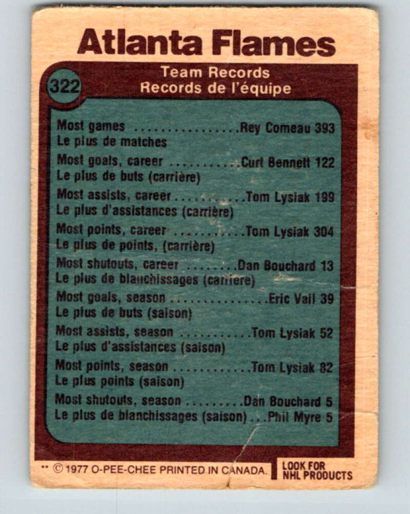 1977-78 O-Pee-Chee #322 Atlanta Flames Records Atlanta Flames V15257
