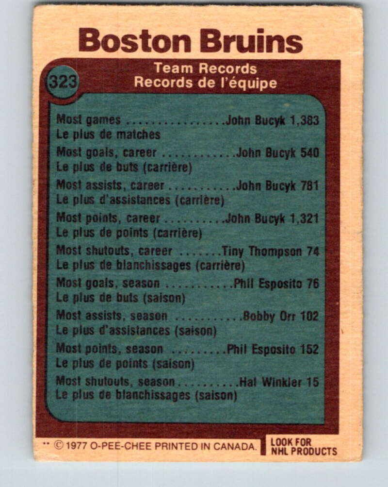 1977-78 O-Pee-Chee #323 Boston Bruins Records Boston Bruins V15258