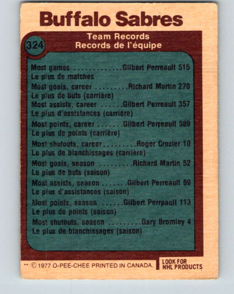 1977-78 O-Pee-Chee #324 Buffalo Sabres Records Buffalo Sabres V15264