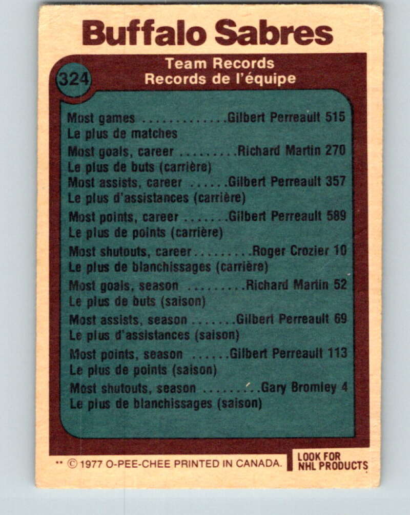 1977-78 O-Pee-Chee #324 Buffalo Sabres Records Buffalo Sabres V15266