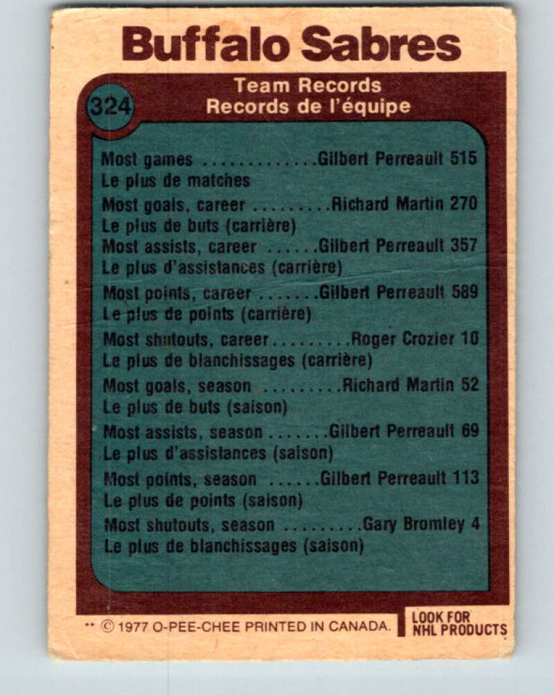 1977-78 O-Pee-Chee #324 Buffalo Sabres Records Buffalo Sabres V15267