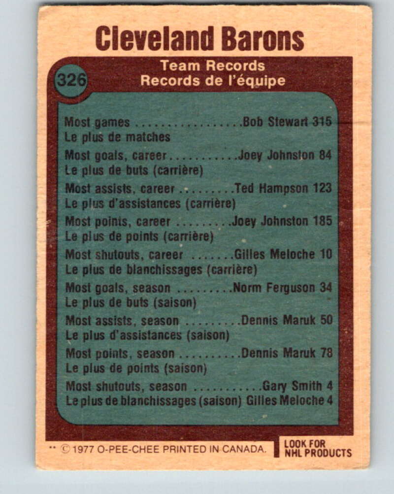 1977-78 O-Pee-Chee #326 Cleveland Barons Records Cleveland Barons V15279