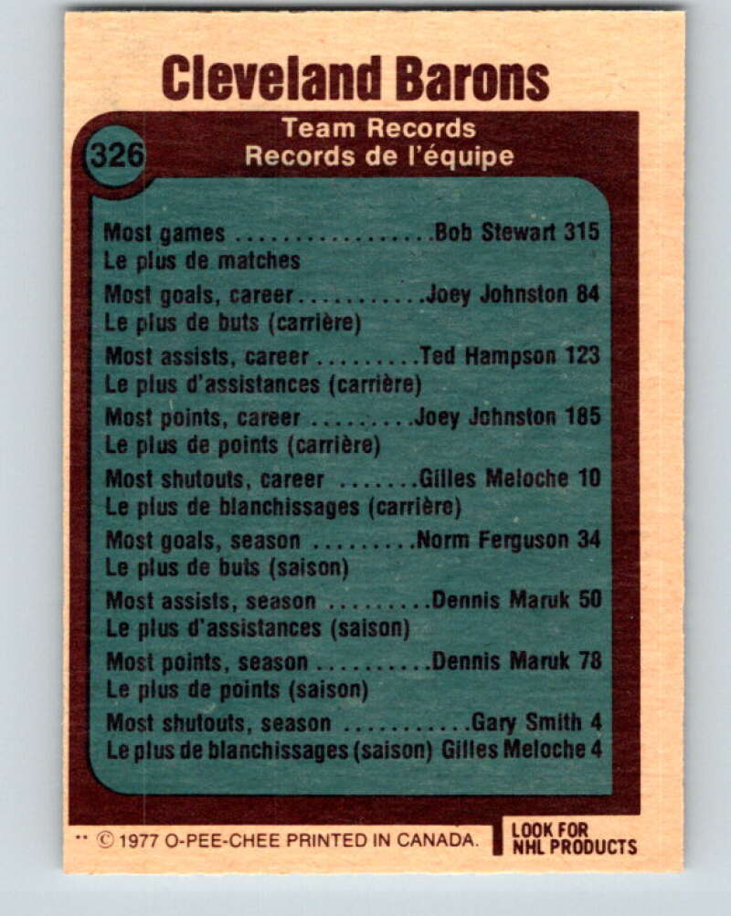1977-78 O-Pee-Chee #326 Cleveland Barons Records Cleveland Barons V15280