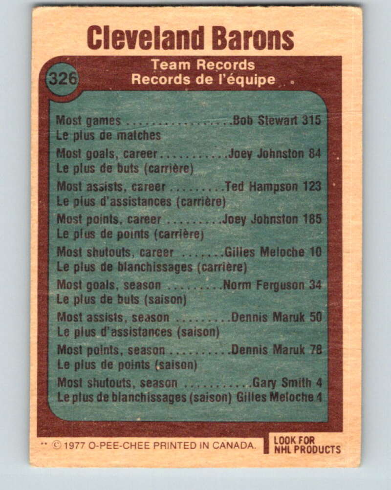1977-78 O-Pee-Chee #326 Cleveland Barons Records Cleveland Barons V15283