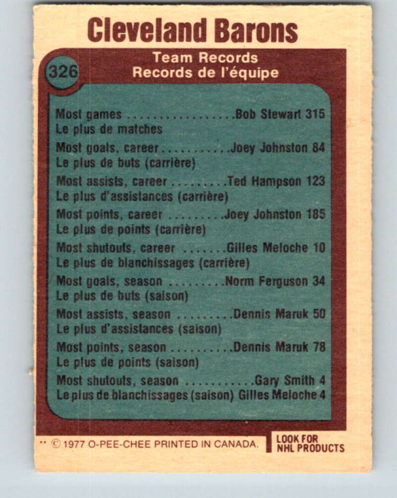 1977-78 O-Pee-Chee #326 Cleveland Barons Records Cleveland Barons V15284