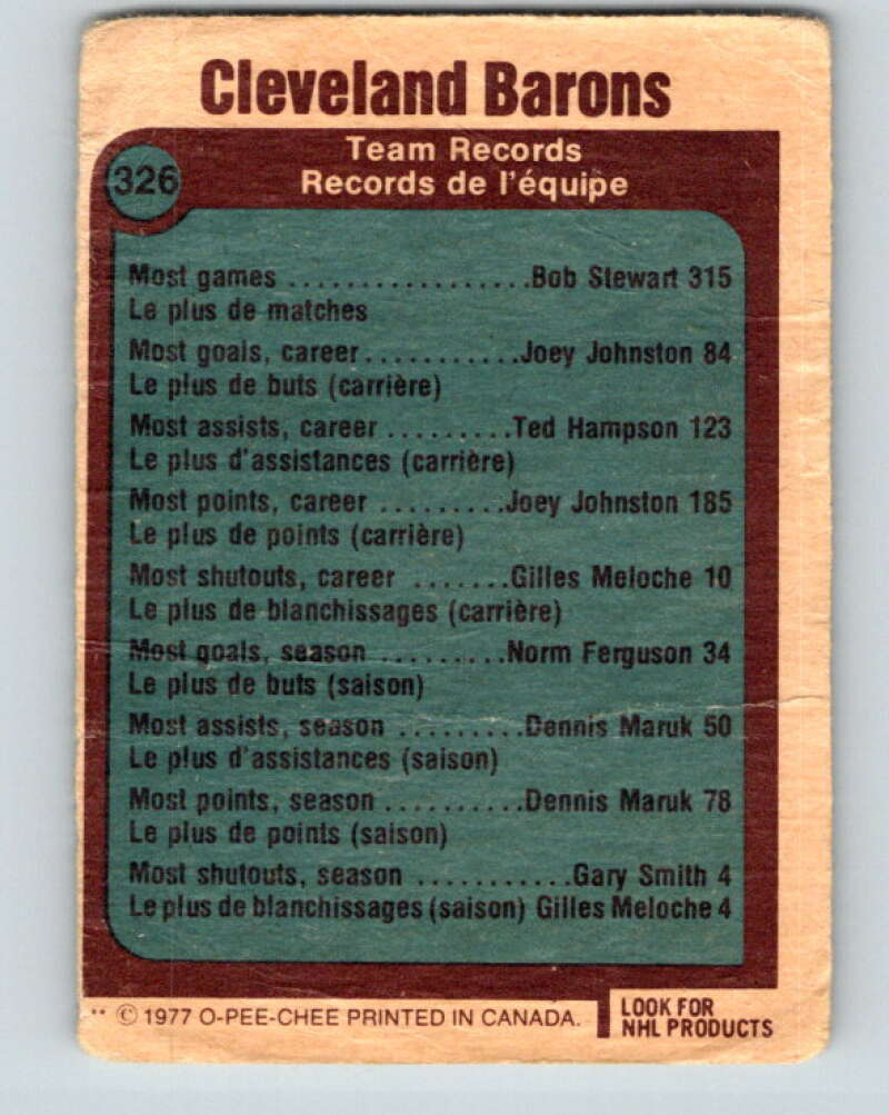 1977-78 O-Pee-Chee #326 Cleveland Barons Records Cleveland Barons V15287