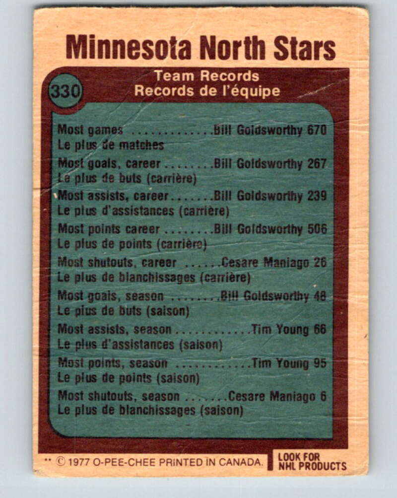 1977-78 O-Pee-Chee #330 Records Minnesota North Stars Minnesota North Stars V15318