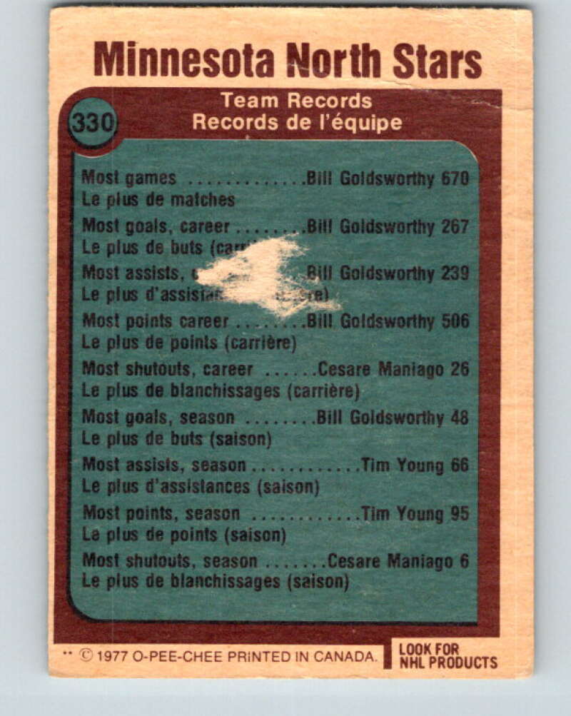 1977-78 O-Pee-Chee #330 Records Minnesota North Stars Minnesota North Stars V15321