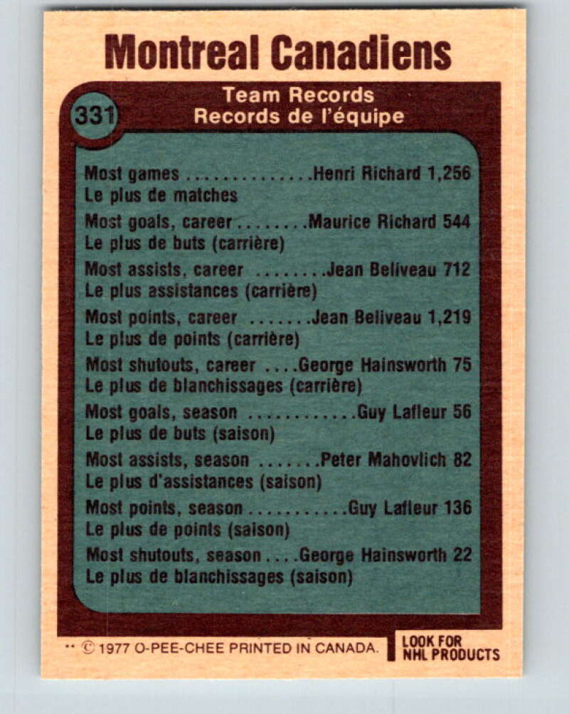1977-78 O-Pee-Chee #331 Montreal Canadiens Records Montreal Canadiens V15326