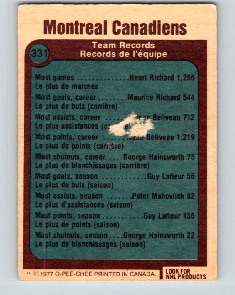 1977-78 O-Pee-Chee #331 Montreal Canadiens Records Montreal Canadiens V15327