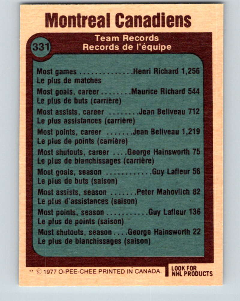 1977-78 O-Pee-Chee #331 Montreal Canadiens Records Montreal Canadiens V15331