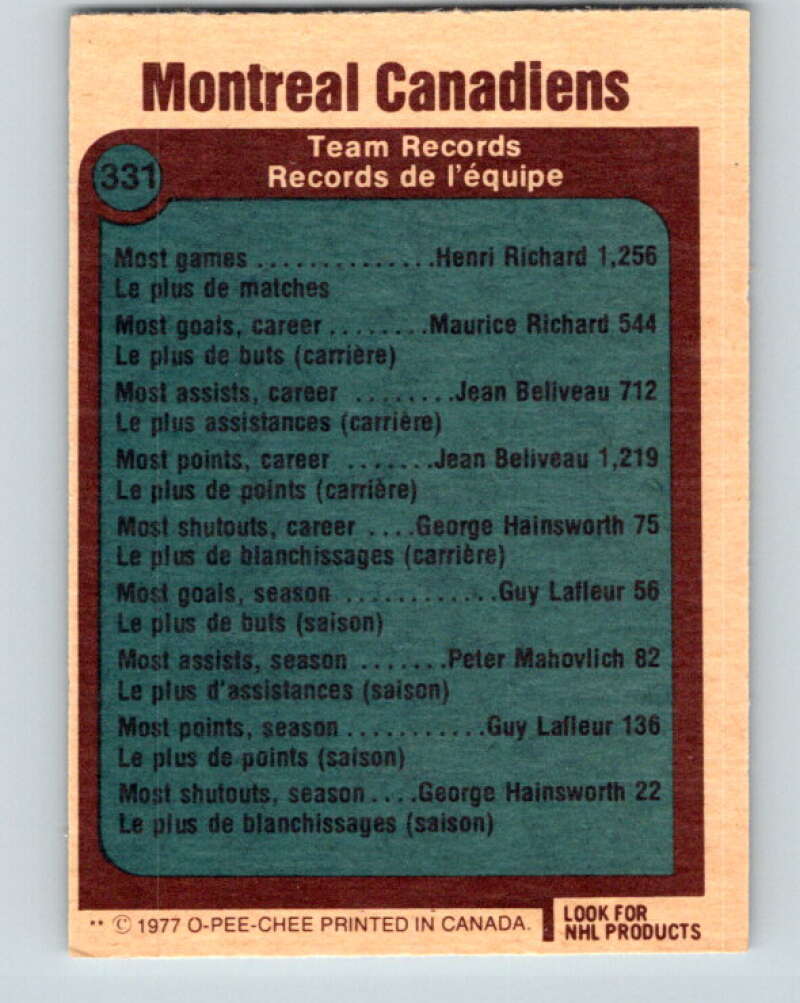 1977-78 O-Pee-Chee #331 Montreal Canadiens Records Montreal Canadiens V15333