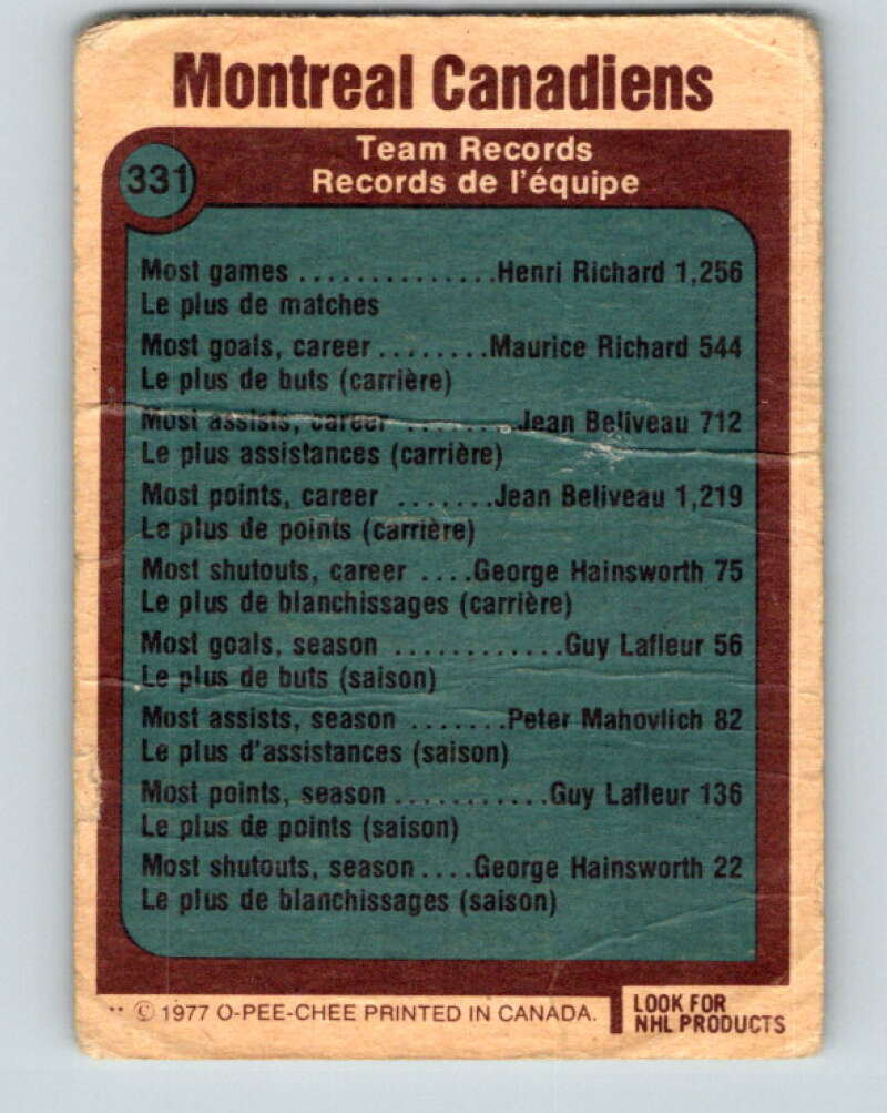 1977-78 O-Pee-Chee #331 Montreal Canadiens Records Montreal Canadiens V15334