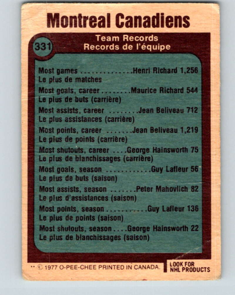 1977-78 O-Pee-Chee #331 Montreal Canadiens Records Montreal Canadiens V15335