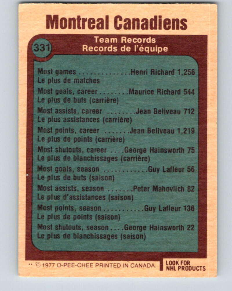 1977-78 O-Pee-Chee #331 Montreal Canadiens Records Montreal Canadiens V15336