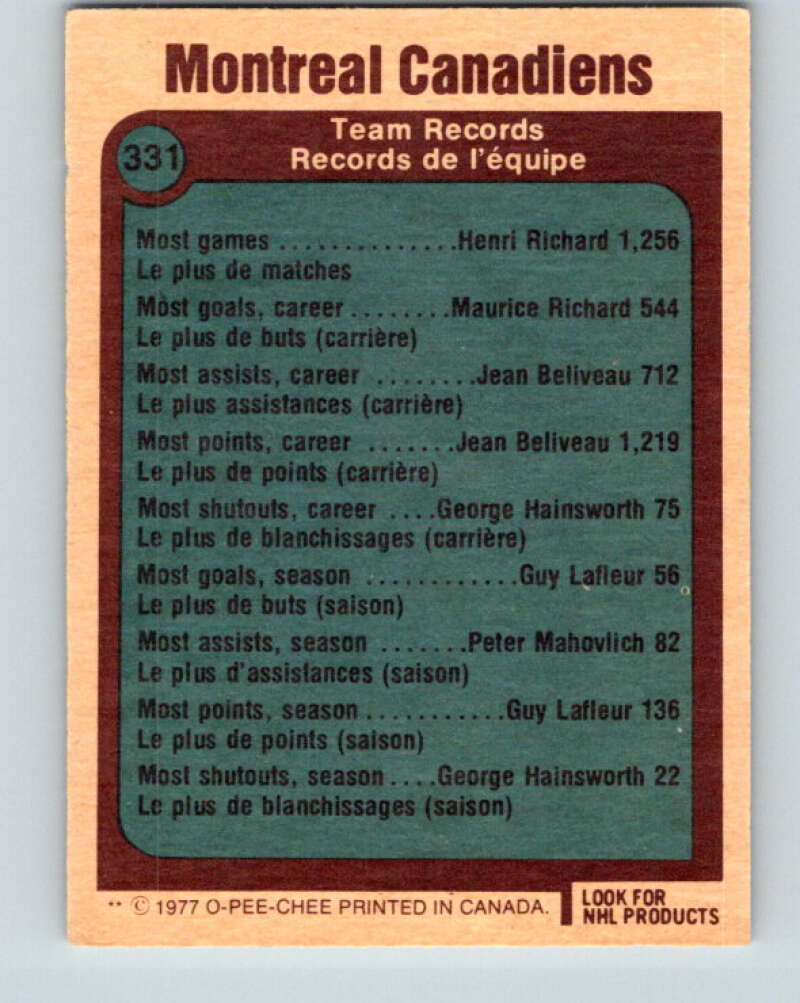 1977-78 O-Pee-Chee #331 Montreal Canadiens Records Montreal Canadiens V15337