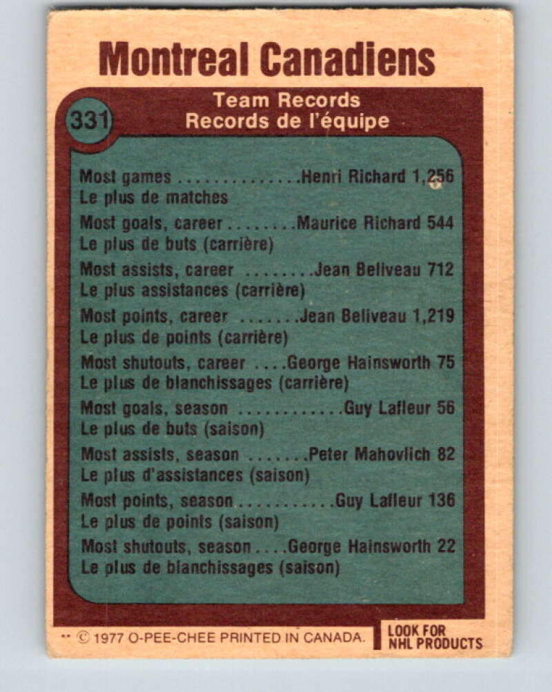 1977-78 O-Pee-Chee #331 Montreal Canadiens Records Montreal Canadiens V15338
